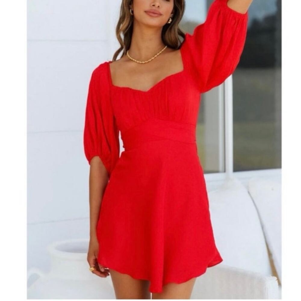 Hello Molly Women's Red Mini Dress Puff Sleeve Tie Back Bow 62235BK60 NWT Size 4